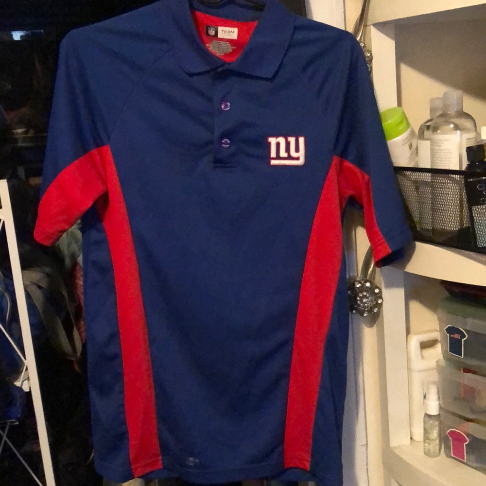 NFL team apparel sports football polo shortsleeved shirt blue red NY Giants S